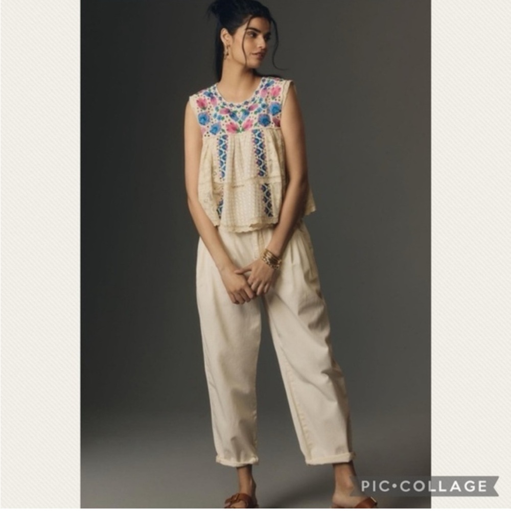Anthropologie Let Me Be Sleeveless Embroidered Babydoll Blouse